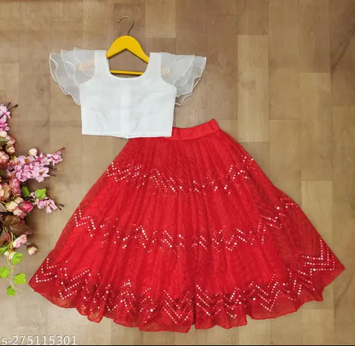 Orange and embellished net embroidered lehenga with crop top, traditional ethnic wear for girls aged 2-8 years, from India