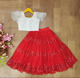 Orange and embellished net embroidered lehenga with crop top, traditional ethnic wear for girls aged 2-8 years, from India