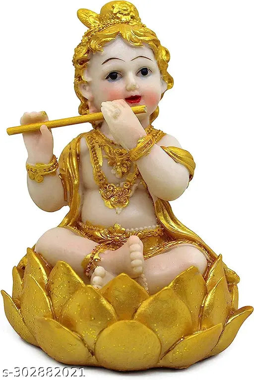 Golden resin Krishna statue, 52 X 4 inch, Indian handcrafted decorative showpiece for table or shelf