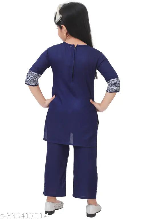 Kids rayon A-line palazzos kurta set, printed three-quarter sleeves. Traditional ethnic Indian festival wear for girls, sizes 1-2 Years to 8-9 Years