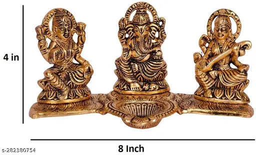 Laxmi Ganesh Sarawati metal idol on kela leaf with diya set, Indian handcrafted Vastu, home, temple, office decor for gifting and promoting luck and happiness. Metal size: L20xW11xH10 cm