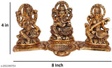 Laxmi Ganesh Sarawati metal idol on kela leaf with diya set, Indian handcrafted Vastu, home, temple, office decor for gifting and promoting luck and happiness. Metal size: L20xW11xH10 cm