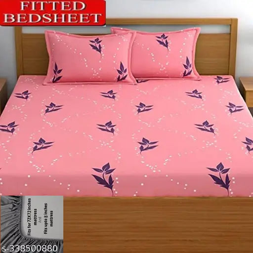 Fitted elastic cotton double bedsheets with 2 pillow covers, glace material, floral print, lightweight, breathable & wrinkle-free. Ideal for summer use on mattresses height 4-8 inches, easy to tuck-in and machine wash