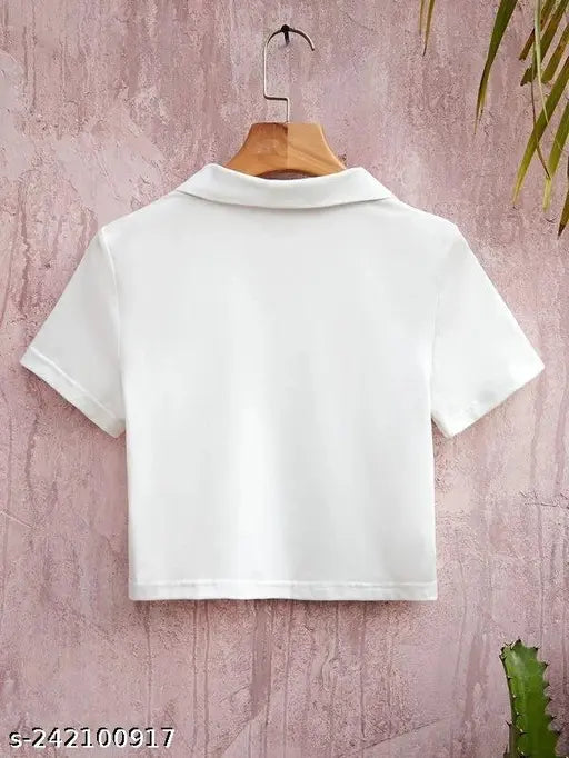 Solid cotton crop collar half zip, short sleeve women's top, XS-XXXL sizes
