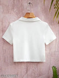Solid cotton crop collar half zip, short sleeve women's top, XS-XXXL sizes