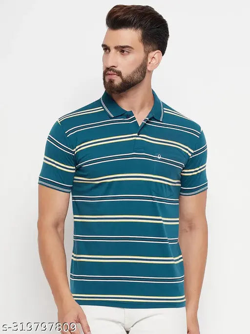 Uniberry Men striped cotton blend polo collar t-shirt, short sleeves, India-made