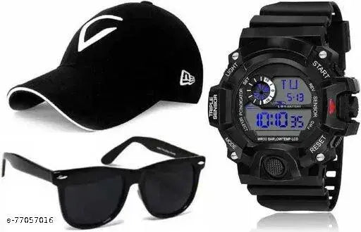 Tekzie cotton hip hop cap, watch sunglasses combo for men & boys - India-made solid pattern accessory set