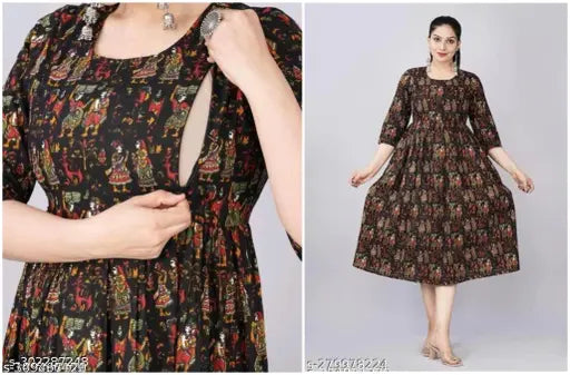 Rayon printed zip kurta, three-quarter sleeve maternity dress for women, India