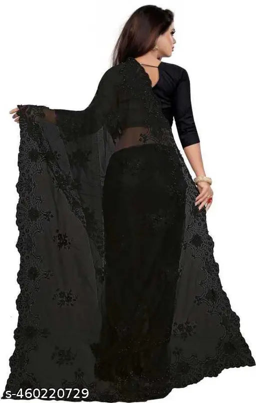 Black net embroidery saree, Indian handcrafted black net sari with separate silk blouse, intricate embroidery detail