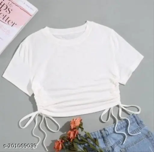 Cotton side lace T-shirt, solid pattern, short sleeves, XS to XXXXL sizes