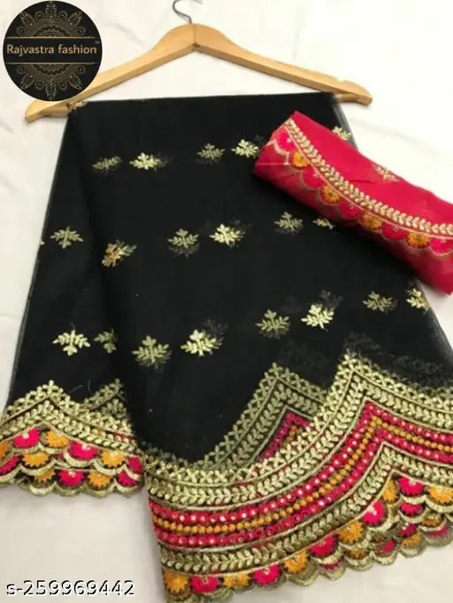 Net and Art Silk, printed Sakhi embroidery saree with solid blouse, free size, India-made
