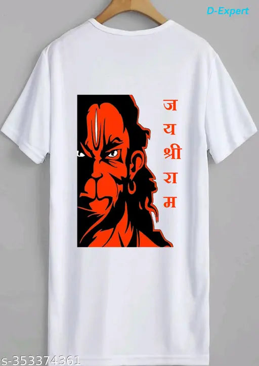 Hanuman Ji with Jai Shree Ram print polyester t-shirt for men and women, striped design on regular fit cotton blend shirt, keeps you dry and breathable, Made in India