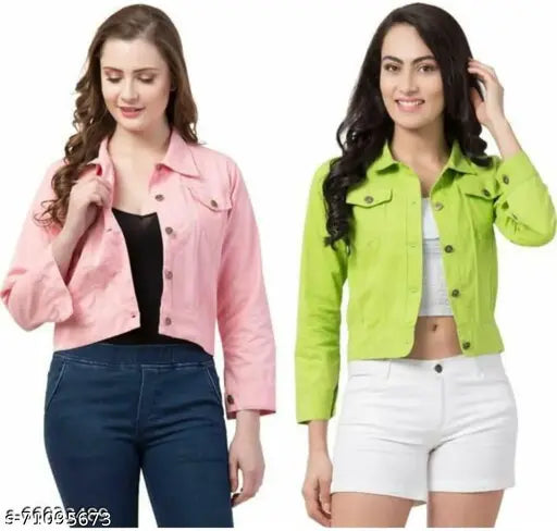 Comfy denim jackets combo: neon and pink women's style, solid sleeve design, S-XL sizes
