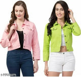 Comfy denim jackets combo: neon and pink women's style, solid sleeve design, S-XL sizes