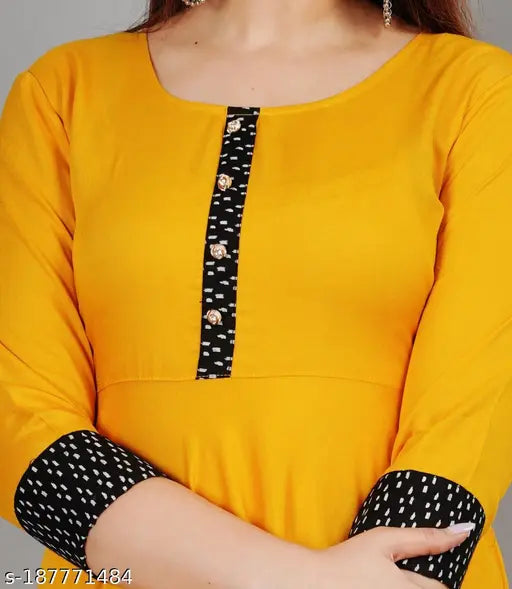 Unique mustard rayon round pleated flared kurti, 3/4 sleeve length, hand washable, formal or casual wear