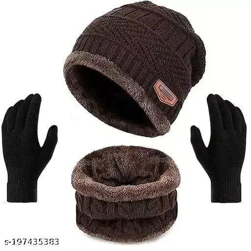 Brown woolen winter balaclava cap with gloves for men, self-design pattern, premium quality acrylic, hand-knit feel