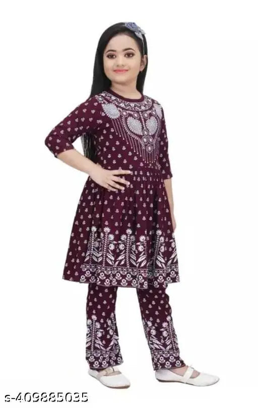 Maroon rayon kurta set with palazzo pants for kids, new festive Naira style