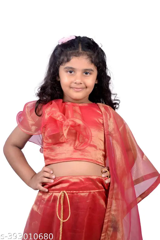 Silk blend lehenga choli with dupatta, self-designed applique stitch, sleeveless for 2-3 year old girls, India origin