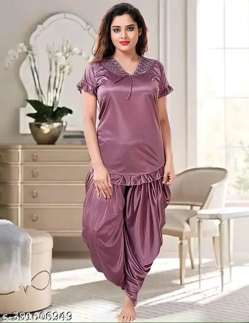 Stylish wine satin nightsuit with patiala pants for women's wedding/honeymoon nightwear, solid design with lace detailing