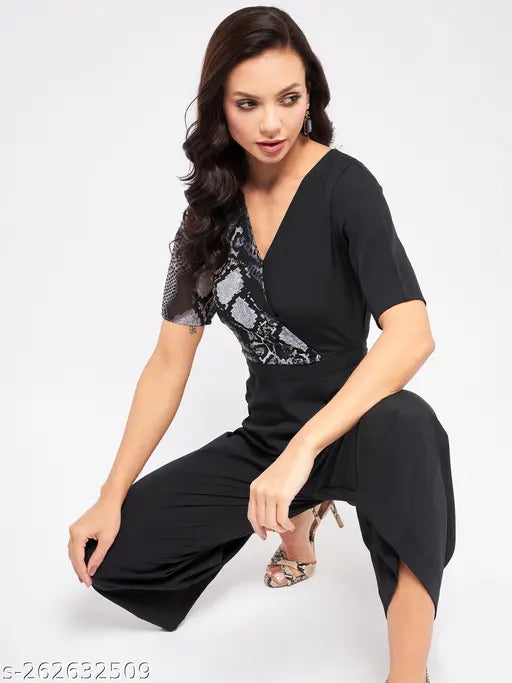 Women's polyester snake print overlap jumpsuit with short sleeves, featuring unique design and bold statement side yoke, size XS-XL (32in-42in)