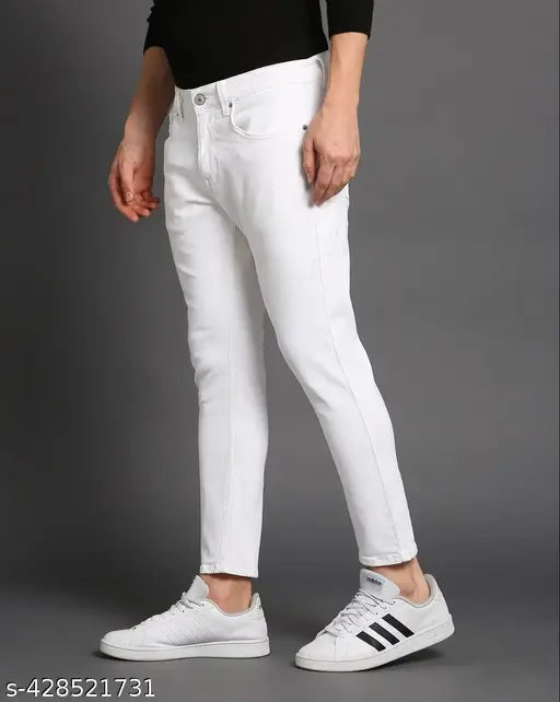 Stylish and comfortable white denim jeans, slim fit, mid-rise, suitable for men & boys, size 26/28/30/32 (waist 26/28/30/32, length 39 in, hip 30/32/34/36), India origin