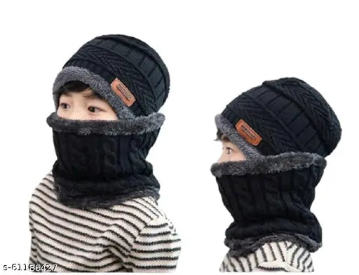 Woolen Boys & Girls Winter Warm Cap Set with Scarf - Self-designed Beanie for Outdoor Sports