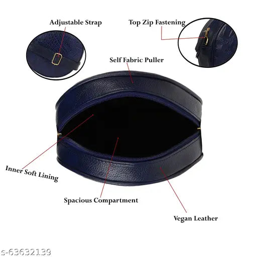 Navy blue faux leather round sling bag with adjustable strap