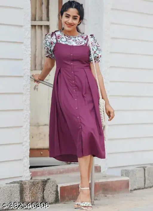 Floral Print Rayon Dungaree Two-Piece Set, sleeveless dress & top in vibrant floral pattern, perfect for casual outings