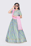 Striped cotton blend embellished girls Lehenga Choli and Dupatta set, ideal for birthdays, weddings, Diwali, Eid, and Christmas. Net Quantity: 1, Sizes: 12-8 years. Indian ethnic party wear for festivals, custom orders available