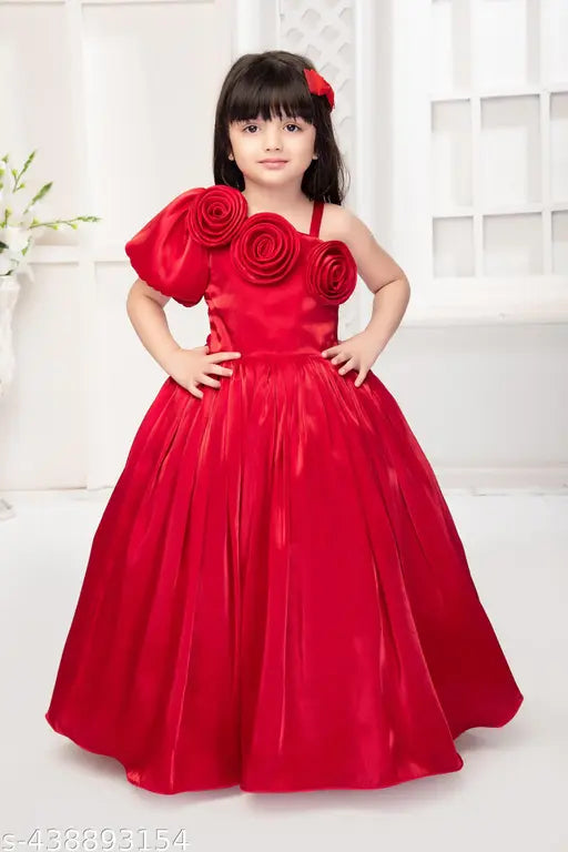 Red satin dress with ruffles, 3/4 sleeves, cinched waist, and a red flower accent
