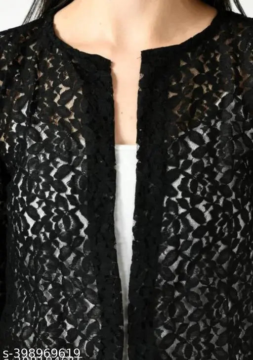 Premium Passion Patti black net shrug, three-quarter sleeves, elevates fashion game for women, made in India