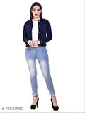 Comfy elegant women's denim jacket, solid net, long sleeves, chest pockets with buttoned flaps. Timeless piece for a stylish update to your coat collection. Made in India