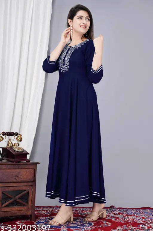 Rayon anarkali kurti, trending solid-colored Indian women's fashion with three-quarter sleeves and embroidered neck detail, size S to XXXL