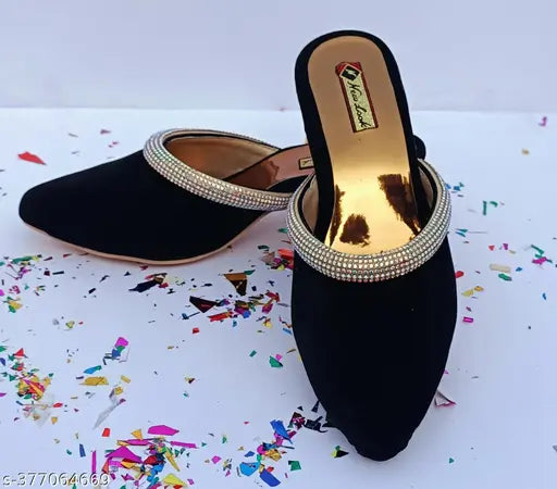 Velvet embellished ballerinas with diamond block heels, open back design, luxurious India-made women's sandals