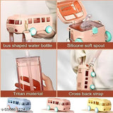 Pink plastic portable bus-shaped water bottle with movable wheels, reusable for kids' sports, school, and home, 500ml capacity, leakproof design, adjustable shoulder strap