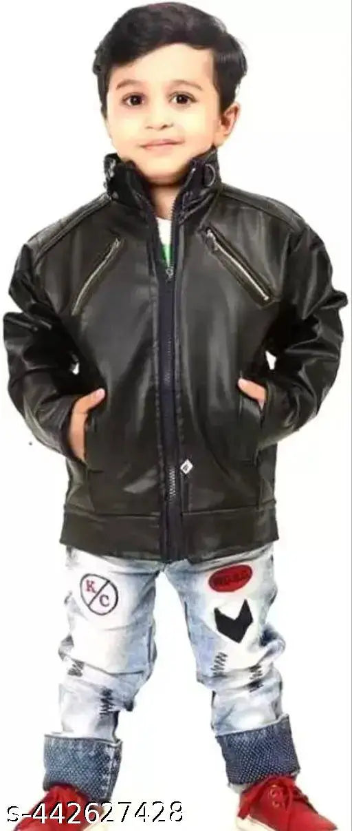 Black kids leather long sleeves solid pattern garment, perfect for 5-6 years old or 7-8 years old children's wear, made in India
