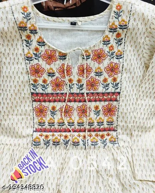 Multicolor rayon anarakali floral printed kurti for parties, white embroidered with 3/4 sleeves and mandarin collar