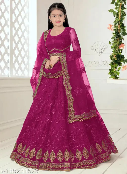 embellished heavy net lehenga choli set, semi-stitched with silk blouse and satin inner, striped pattern, for children aged 3-14 years, dry clean only