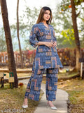 Indian hand-printed cotton women's kurta and trousers set, long sleeves, single net quantity. Traditional Jaipuri cord set for girls and women in a stylish western wear collection
