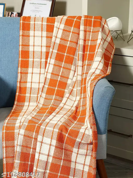 Orange & white plaid cotton blanket, 1200g, 125x150 cm for living room or bedroom - SASHAA WORLD