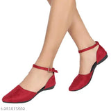 Red velvet ankle strap ballerinas for parties & daily wear, stylish footwear on woman's foot