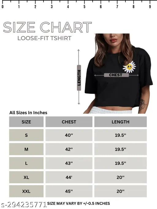 Comfy black loose fit printed half sleeve crop tee in cotton for women/girls, showcasing flower designs perfect for casual outfits