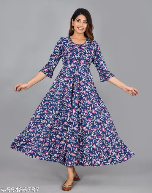 Women's rayon casual round neck bell sleeved printed kurti, blue
