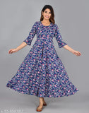 Women's rayon casual round neck bell sleeved printed kurti, blue