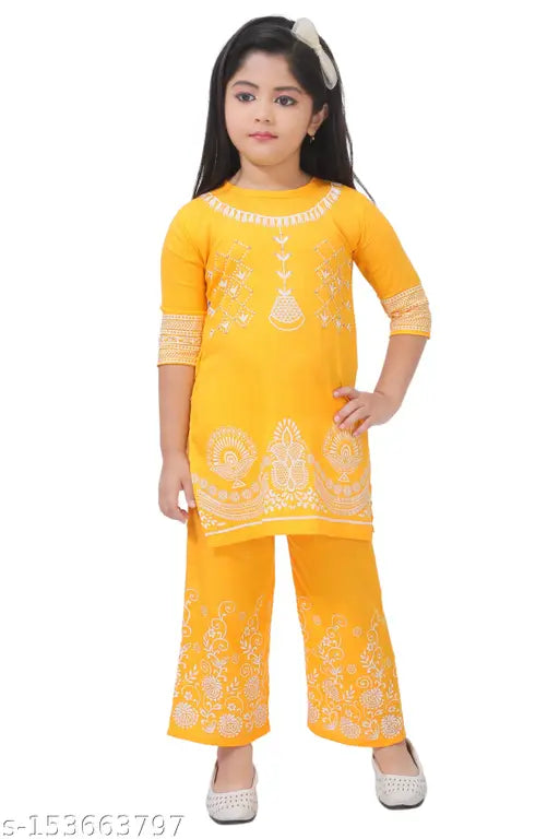 Rayon A-line kurta set for girl, printed and three-quarter sleeves, Indian fashion for girls' occasions