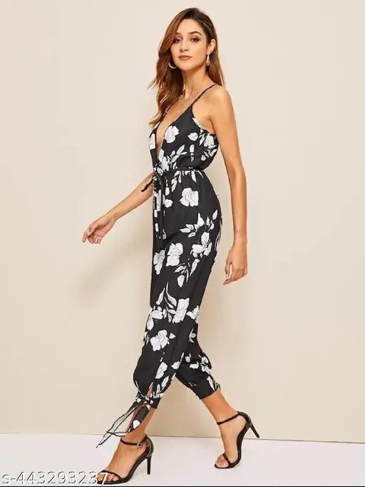 Trendy strapped jumpsuit, printed net crepe material, women's size S-XL, Indian origin