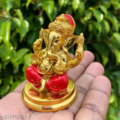 Golden finish Ganesha with red dhoti, Indian religious idol for car dashboard (6 cm)