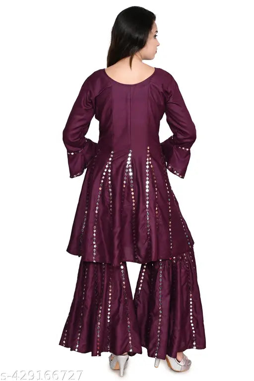 Purple and gold anarkali kameez set with round neck, mirror work, flared style