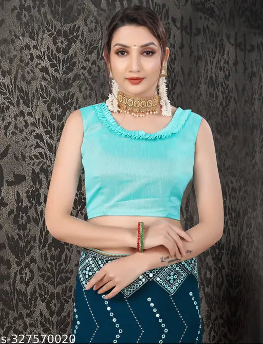 Bright blue sequin fabric saree with 9mm embroidery, complementary blouse