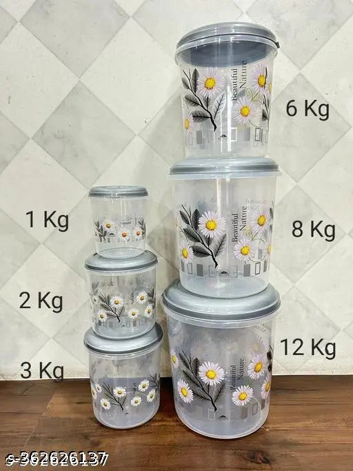 Grey plastic airtight grocery containers, set of 6, 1000ml, 2000ml, 3000ml, 6000ml, 8000ml, 12000ml